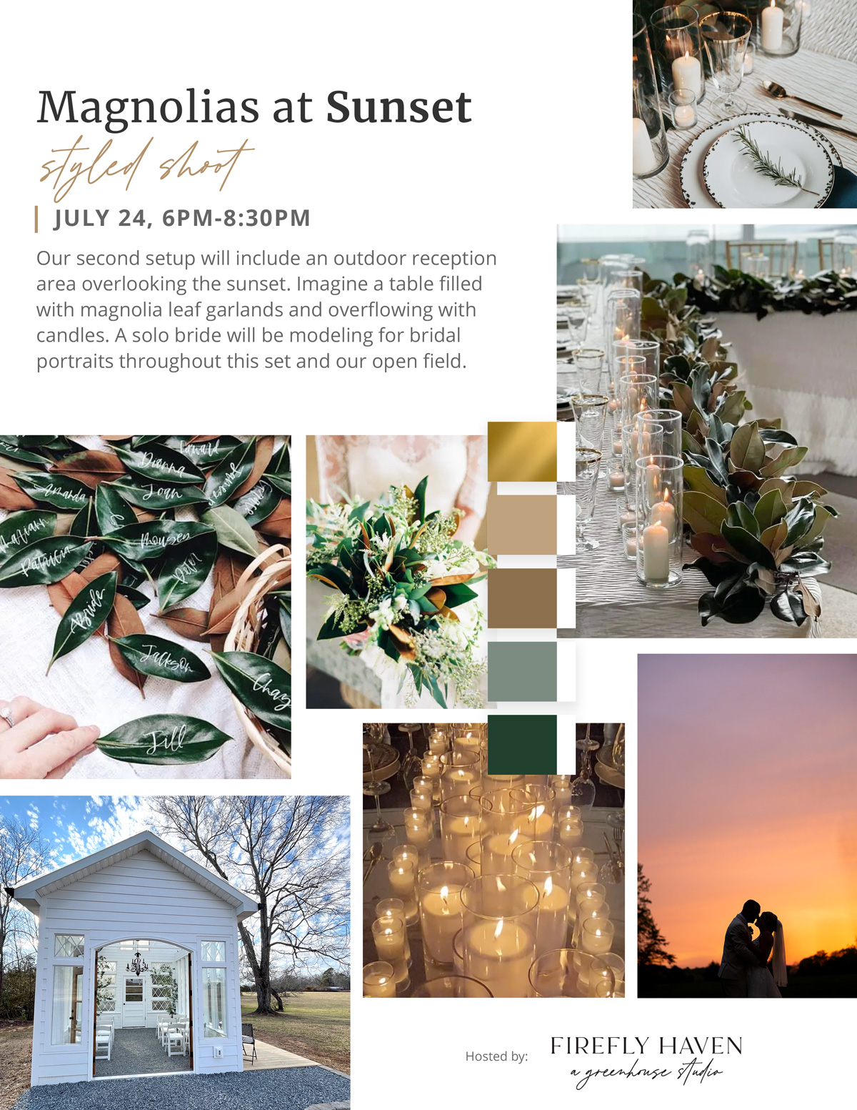 Magnolias at Sunset Wedding styled shoot mood board hosted by Firefly Haven